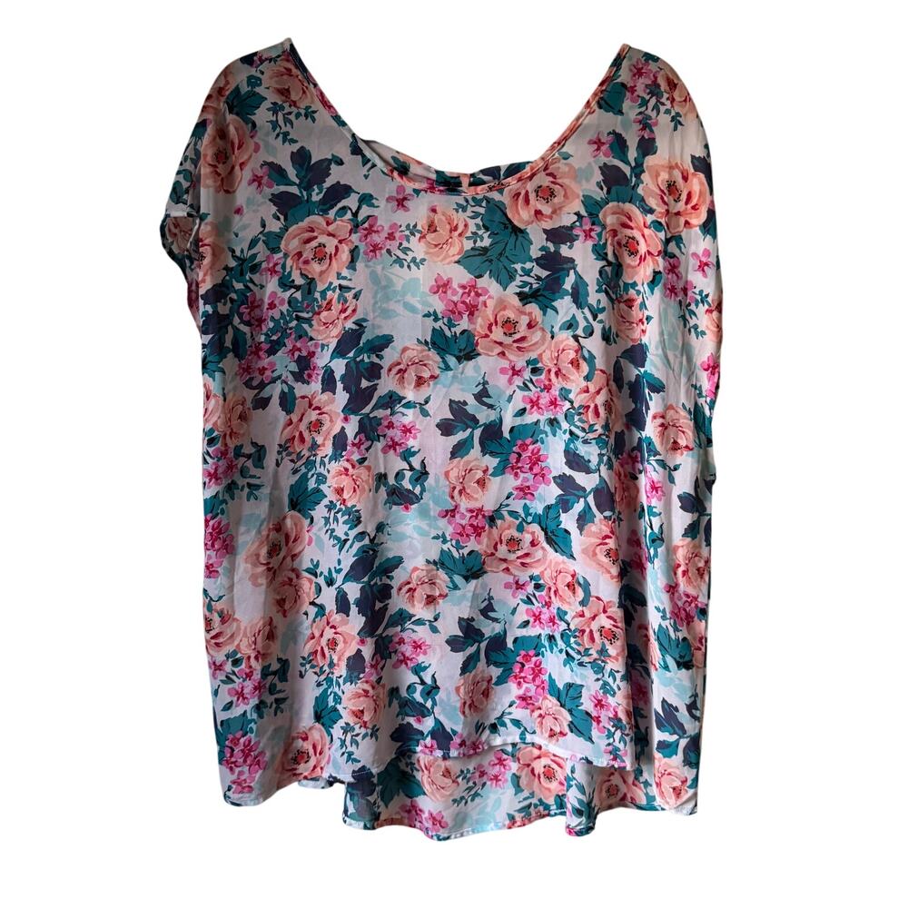 Torrid Floral Chiffon Bow Back Top Peach Crew Neck Pullover Short Sleeve Sz 1X